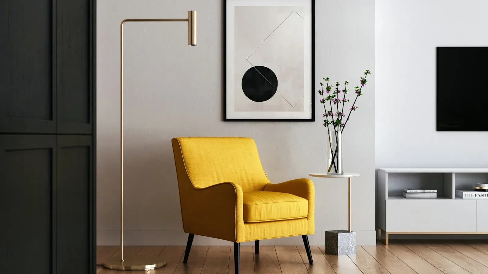 Design-forward interior with coherent material palette and warm textures