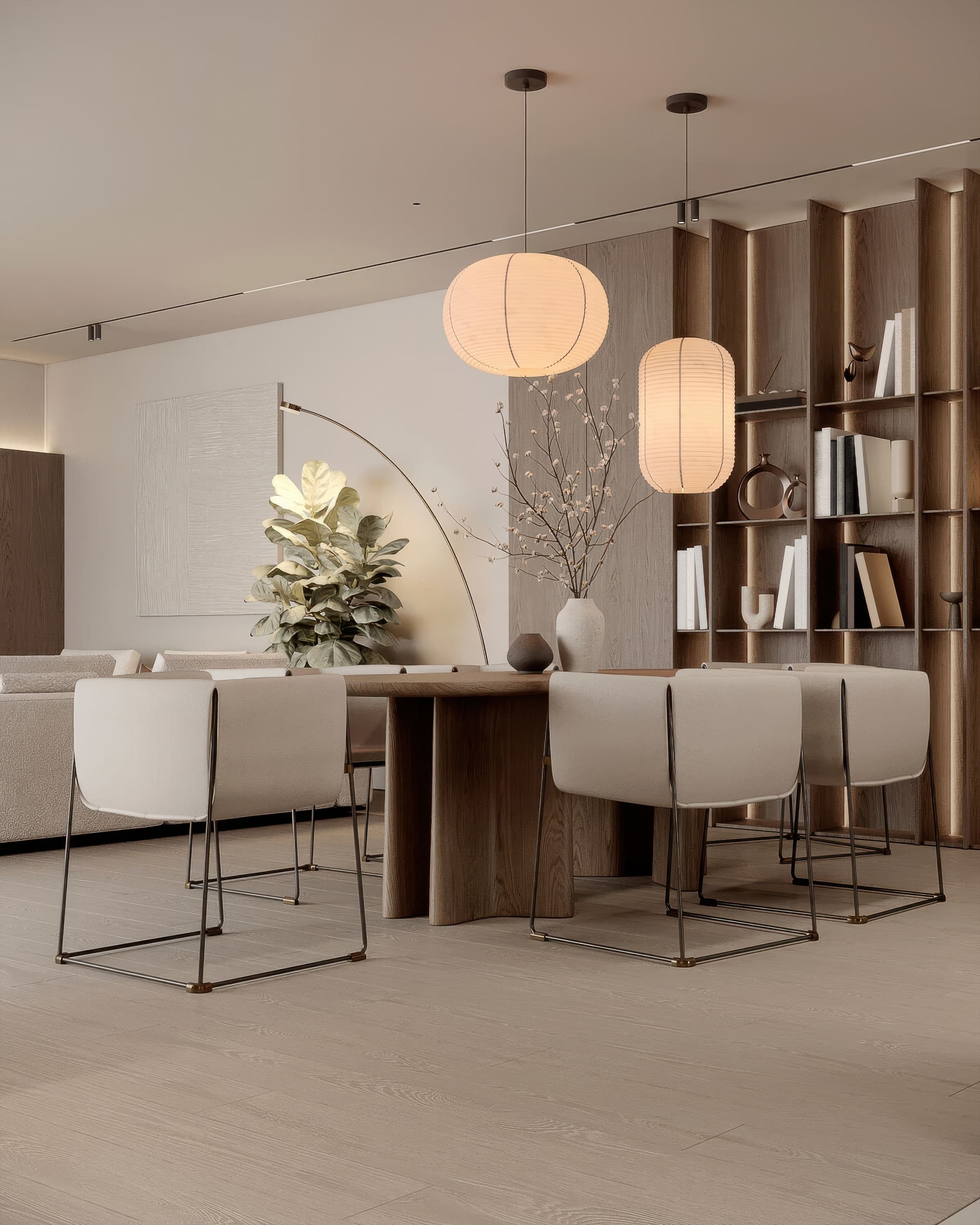 Design-forward luxury interior with warm wood tones